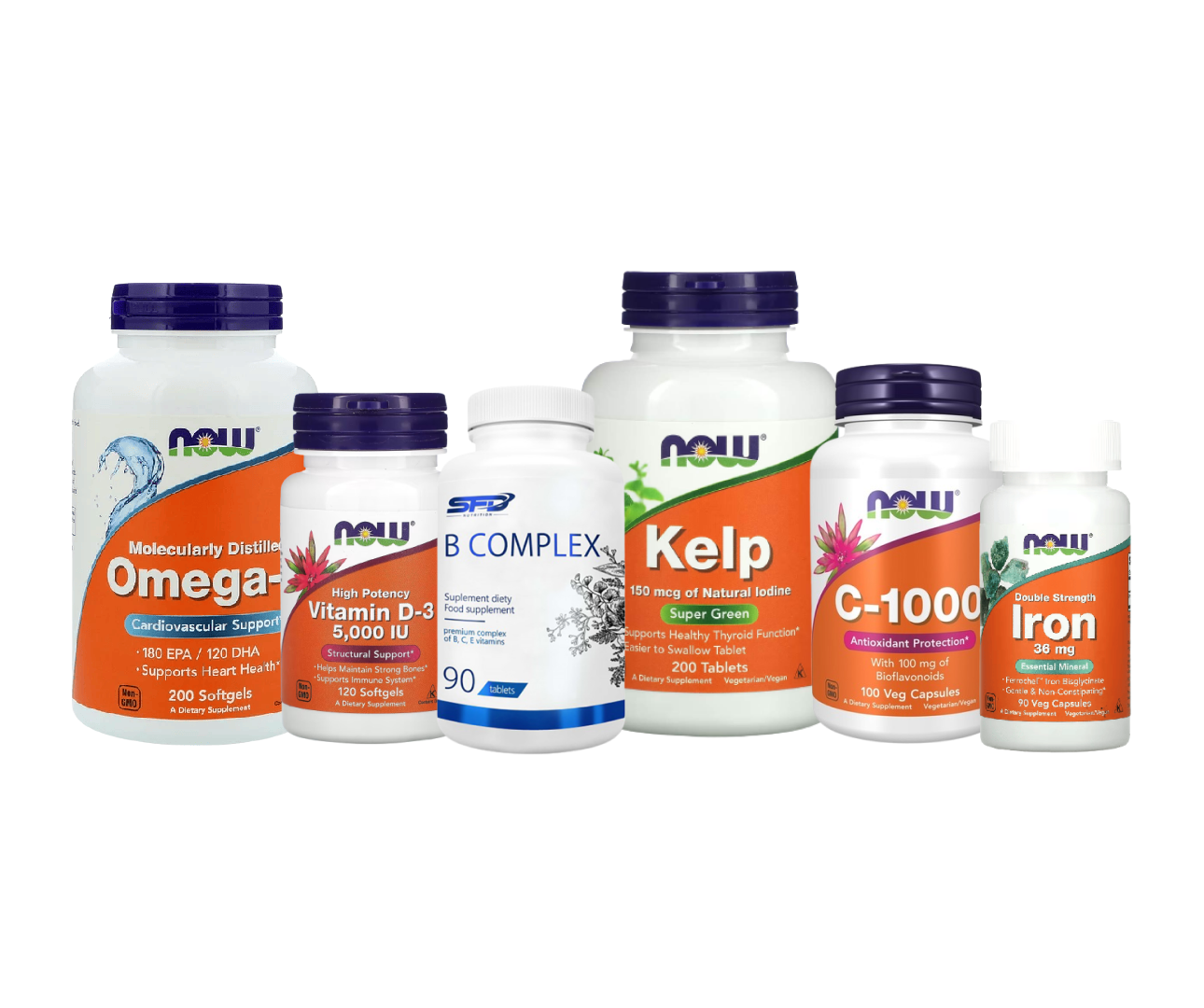 Витамины Now: Omega-3+Vitamin D3+Kelp+Vitamin C+Iron + SFD Nutrition: B-Complex